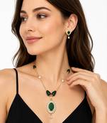 Green stone gold-toned pendant necklace & earrings jewellery set cz stone accents, pearl beaded chain,women's jewellery