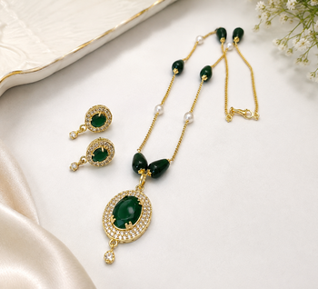 Green stone gold-toned pendant necklace & earrings jewellery set cz stone accents, pearl beaded chain,women's jewellery 2
