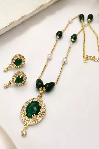 Green stone gold-toned pendant necklace & earrings jewellery set cz stone accents, pearl beaded chain,women's jewellery