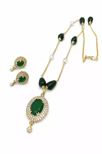Green stone gold-toned pendant necklace & earrings jewellery set cz stone accents, pearl beaded chain,women's jewellery