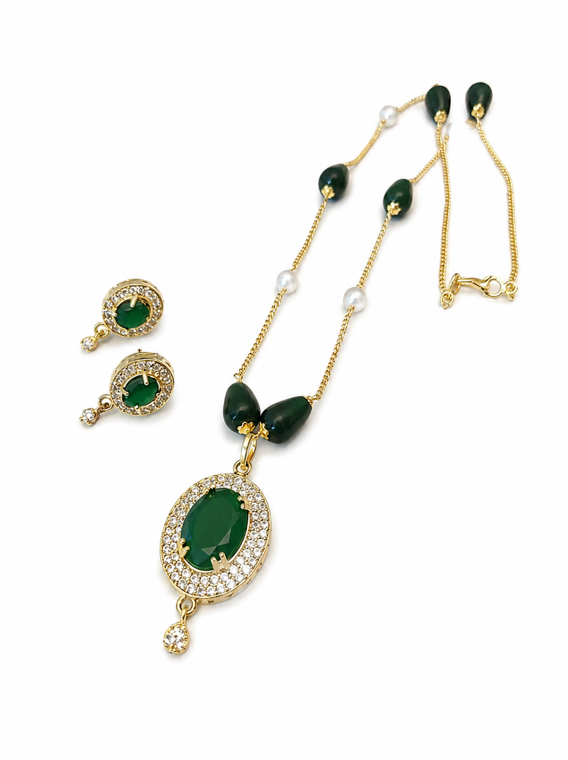 Green stone gold-toned pendant necklace & earrings jewellery set cz stone accents, pearl beaded chain,women's jewellery