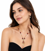 Pearl and ruby beaded necklace and earrings jewellery set gold-tone chain, drop earrings included, ruby & pearl pendant.