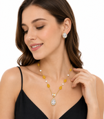 Gold-toned cz teardrop pendant necklace & earrings jewellery set yellow carved beads,cubic zirconia lobster clasp chain.