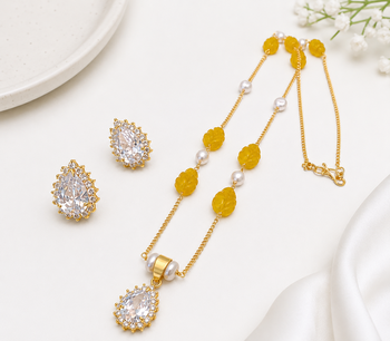 Gold-toned cz teardrop pendant necklace & earrings jewellery set yellow carved beads,cubic zirconia lobster clasp chain. 2