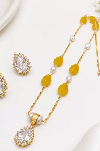 Gold-toned cz teardrop pendant necklace & earrings jewellery set yellow carved beads,cubic zirconia lobster clasp chain.