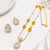 Gold-toned cz teardrop pendant necklace & earrings jewellery set yellow carved beads,cubic zirconia lobster clasp chain.