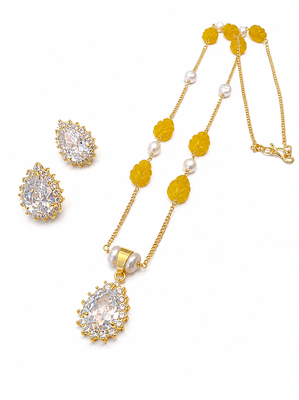 Gold-toned cz teardrop pendant necklace & earrings jewellery set yellow carved beads,cubic zirconia lobster clasp chain. 3