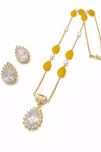 Gold-toned cz teardrop pendant necklace & earrings jewellery set yellow carved beads,cubic zirconia lobster clasp chain.