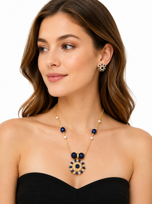 Blue crystal & pearl floral pendant necklace, stud earrings included, bead accents, sunflower design, women's jewellery 1