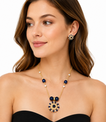 Blue crystal & pearl floral pendant necklace, stud earrings included, bead accents, sunflower design, women's jewellery