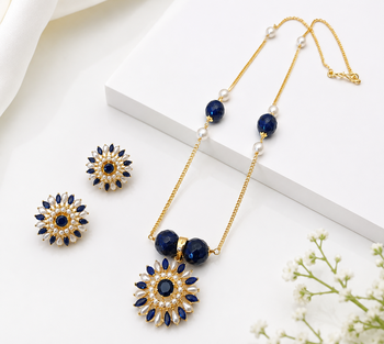Blue crystal & pearl floral pendant necklace, stud earrings included, bead accents, sunflower design, women's jewellery 2