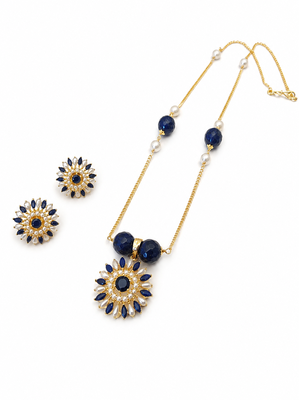 Blue crystal & pearl floral pendant necklace, stud earrings included, bead accents, sunflower design, women's jewellery 3