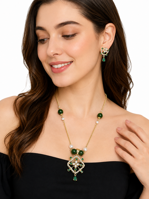 Green beaded gold-tone pendant necklace & earrings set pearl accents, floral cz pendant, adjustable chain, ethnic wear 1