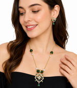 Green beaded gold-tone pendant necklace & earrings set pearl accents, floral cz pendant, adjustable chain, ethnic wear