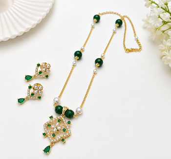 Green beaded gold-tone pendant necklace & earrings set pearl accents, floral cz pendant, adjustable chain, ethnic wear 2