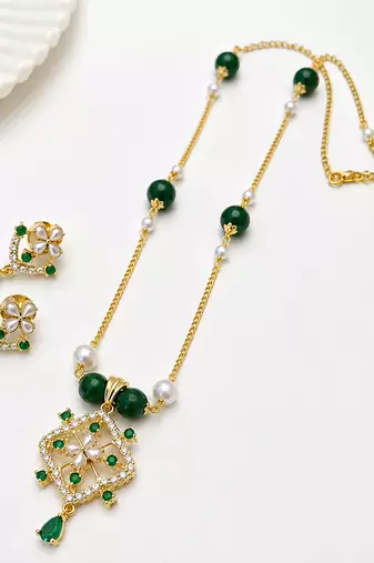 Green beaded gold-tone pendant necklace & earrings set pearl accents, floral cz pendant, adjustable chain, ethnic wear