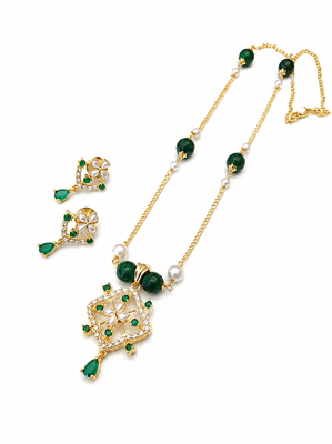 Green beaded gold-tone pendant necklace & earrings set pearl accents, floral cz pendant, adjustable chain, ethnic wear 3