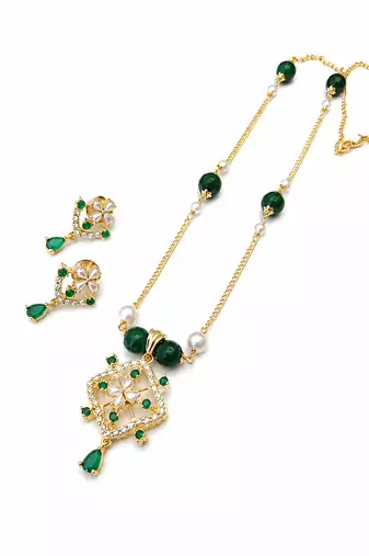 Green beaded gold-tone pendant necklace & earrings set pearl accents, floral cz pendant, adjustable chain, ethnic wear