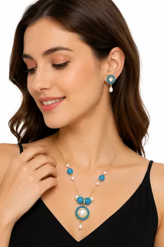 Blue beaded pearl pendant necklace & earrings jewellery set earrings included, faceted blue beads, pearl centre stones.