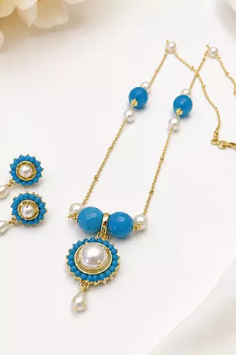 Blue beaded pearl pendant necklace & earrings jewellery set earrings included, faceted blue beads, pearl centre stones.