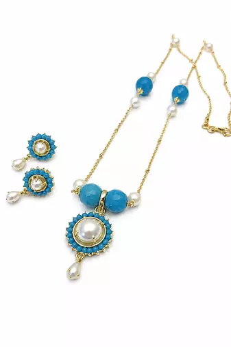 Blue beaded pearl pendant necklace & earrings jewellery set earrings included, faceted blue beads, pearl centre stones.