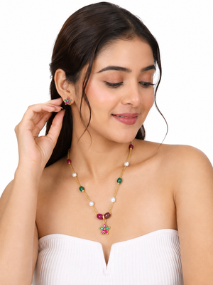 Gold-toned floral pendant necklace & earrings jewellery set ruby & emerald beads, pearl accents, multicolour stone chain 1