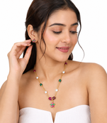 Gold-toned floral pendant necklace & earrings jewellery set ruby & emerald beads, pearl accents, multicolour stone chain