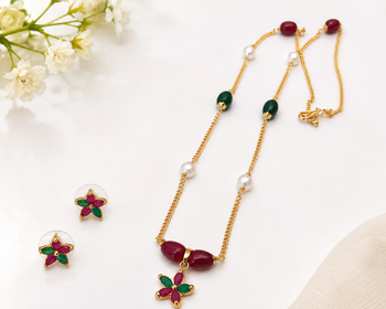 Gold-toned floral pendant necklace & earrings jewellery set ruby & emerald beads, pearl accents, multicolour stone chain 2