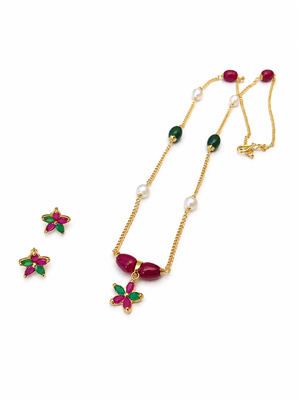 Gold-toned floral pendant necklace & earrings jewellery set ruby & emerald beads, pearl accents, multicolour stone chain 3