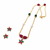 Gold-toned floral pendant necklace & earrings jewellery set ruby & emerald beads, pearl accents, multicolour stone chain