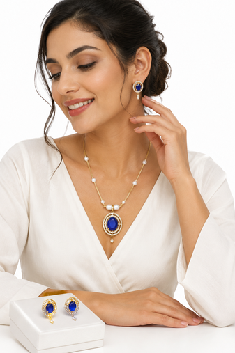 Blue oval stone pendant necklace and earrings jewellery set pearl chain, cz stone accents, festive wear.