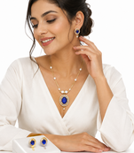 Blue oval stone pendant necklace and earrings jewellery set pearl chain, cz stone accents, festive wear.