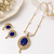 Blue oval stone pendant necklace and earrings jewellery set pearl chain, cz stone accents, festive wear.