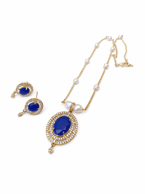 Blue oval stone pendant necklace and earrings jewellery set pearl chain, cz stone accents, festive wear. 3