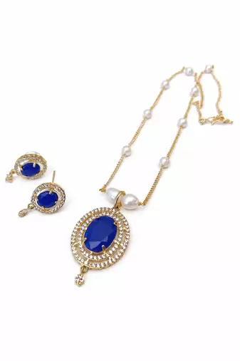 Blue oval stone pendant necklace and earrings jewellery set pearl chain, cz stone accents, festive wear.