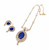 Blue oval stone pendant necklace and earrings jewellery set pearl chain, cz stone accents, festive wear.