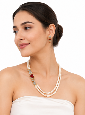 Double strand pearl necklace and earring set with ruby stone cz diamond accents, gold-tone finish, side brooch design 1