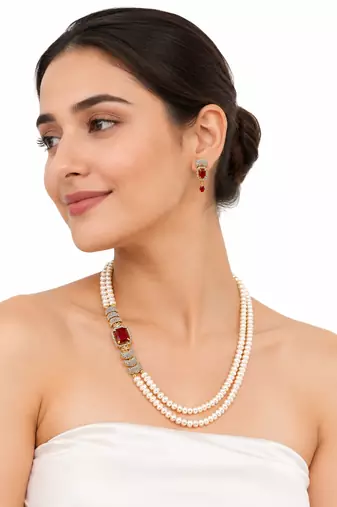 Double strand pearl necklace and earring set with ruby stone cz diamond accents, gold-tone finish, side brooch design