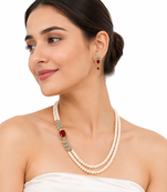 Double strand pearl necklace and earring set with ruby stone cz diamond accents, gold-tone finish, side brooch design