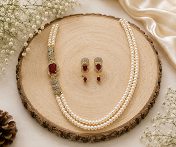 Double strand pearl necklace and earring set with ruby stone cz diamond accents, gold-tone finish, side brooch design 2