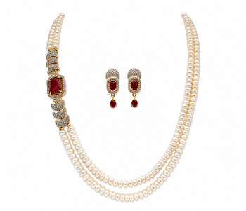 Double strand pearl necklace and earring set with ruby stone cz diamond accents, gold-tone finish, side brooch design 3