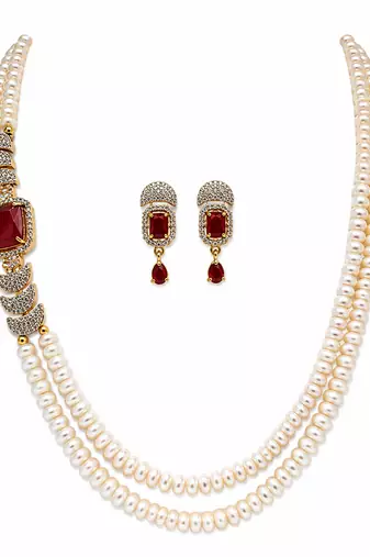 Double strand pearl necklace and earring set with ruby stone cz diamond accents, gold-tone finish, side brooch design