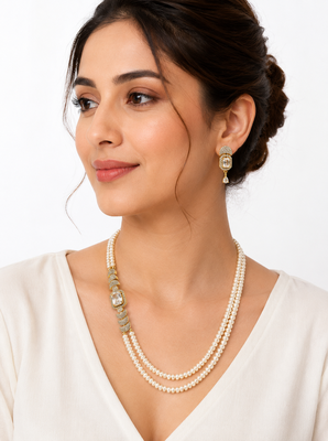 Pearl double strand necklace & earrings set with cz stone drop earrings included, bridal jewellery, cz solitaire pendant 1