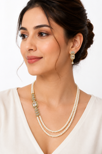 Pearl double strand necklace & earrings set with cz stone drop earrings included, bridal jewellery, cz solitaire pendant