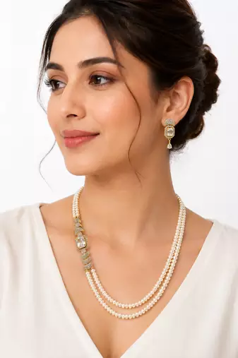 Pearl double strand necklace & earrings set with cz stone drop earrings included, bridal jewellery, cz solitaire pendant