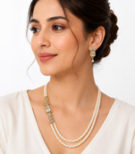 Pearl double strand necklace & earrings set with cz stone drop earrings included, bridal jewellery, cz solitaire pendant
