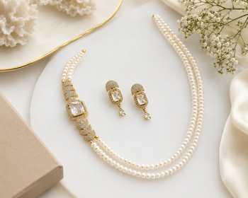 Pearl double strand necklace & earrings set with cz stone drop earrings included, bridal jewellery, cz solitaire pendant 2