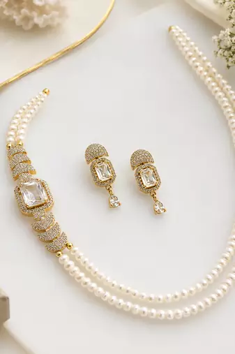 Pearl double strand necklace & earrings set with cz stone drop earrings included, bridal jewellery, cz solitaire pendant