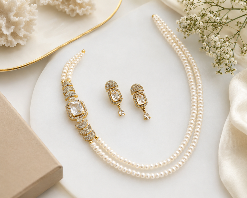 Pearl double strand necklace & earrings set with cz stone drop earrings included, bridal jewellery, cz solitaire pendant