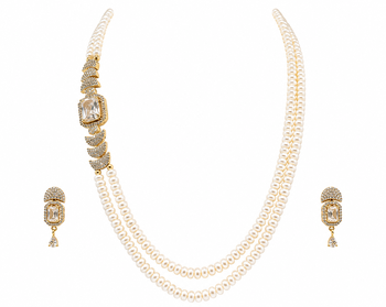 Pearl double strand necklace & earrings set with cz stone drop earrings included, bridal jewellery, cz solitaire pendant 3
